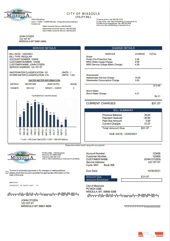 USA City of Missoula utility bill template in Word and PDF format